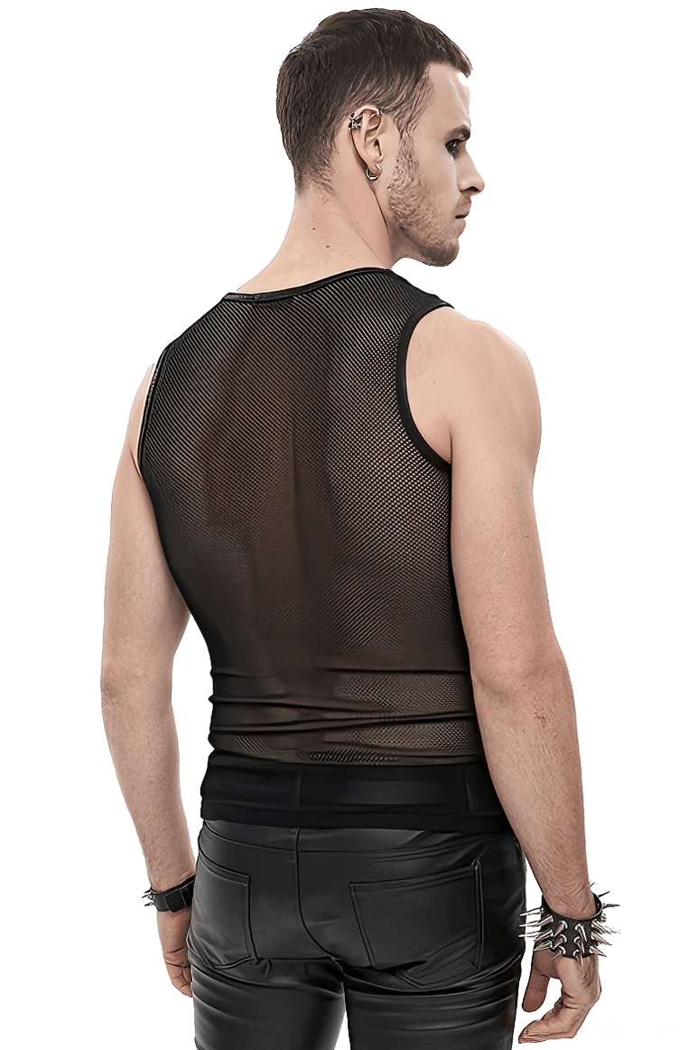 Gothic mesh tank top styled with leather pants and spiked bracelets - side profile back view demonstrating alternative fashion coordination