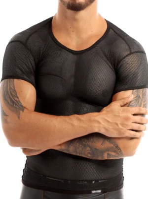 Men's black see-through mesh tee with crossed arms pose, breathable fishnet fabric detail
