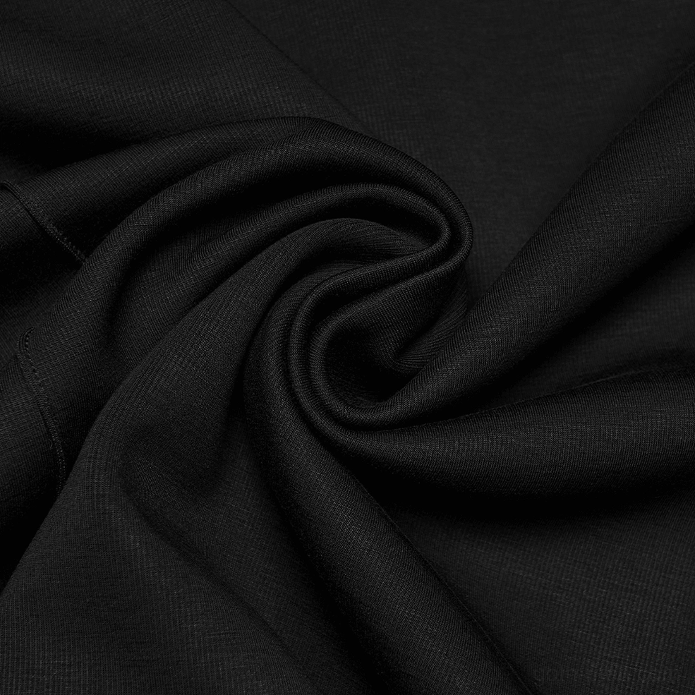 Fabric texture close-up of gothic tactical t-shirt showing solid black woven fabric with soft textured finish and drape