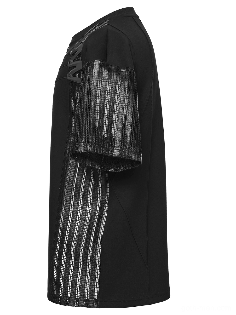 Gothic mesh t-shirt side flat lay view showing striped mesh sleeve panels and side inserts with relaxed fit silhouette