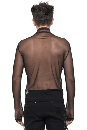 Black sheer mesh goth top back view showing fitted silhouette and bound hem trim on male model