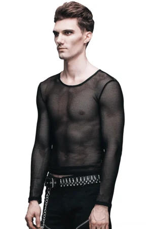 Black sheer mesh long-sleeve gothic top side profile, fitted silhouette with transparent fabric
