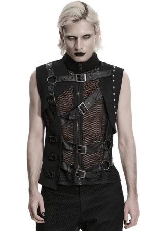 Men's black asymmetrical mesh gothic vest with metal buckle straps, front studio view with platinum blonde male model, industrial punk aesthetic