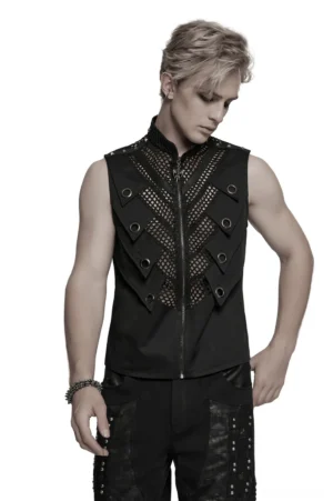 Black mesh gothic punk vest with metal eyelet accents - front three-quarter view on male model