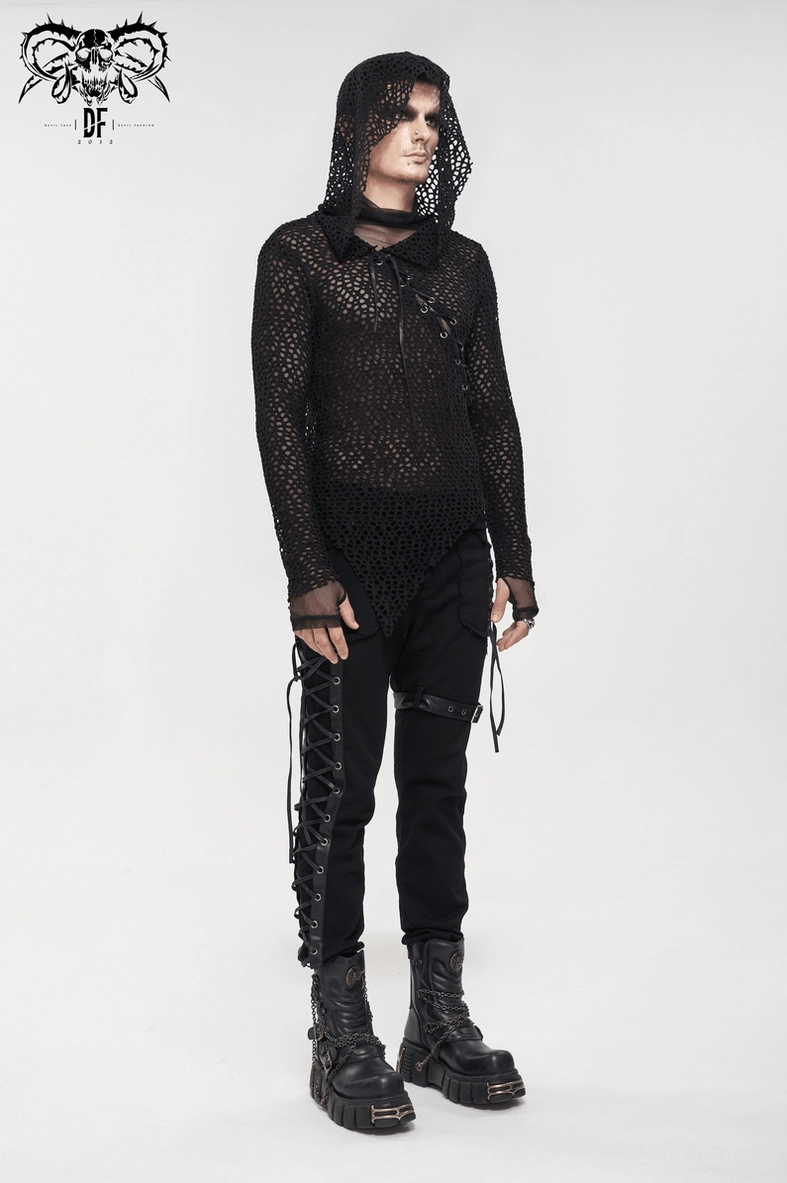 Black mesh hooded top with asymmetrical hem and lacing system displayed on mannequin