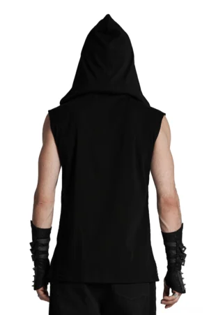 Black mesh gothic hooded vest back view showing sleeveless silhouette and solid rear panel on male model