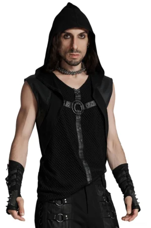 Black mesh gothic hooded vest with metal O-ring accents worn by male model, front full-body view on white background