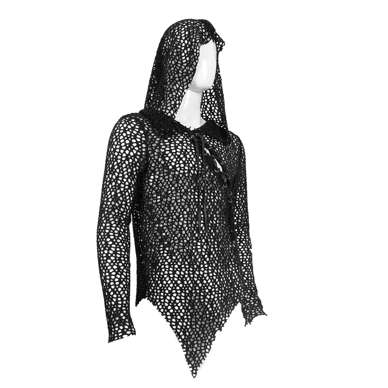 Left three-quarter view of fitted black mesh hooded lace-up top showcasing slim silhouette