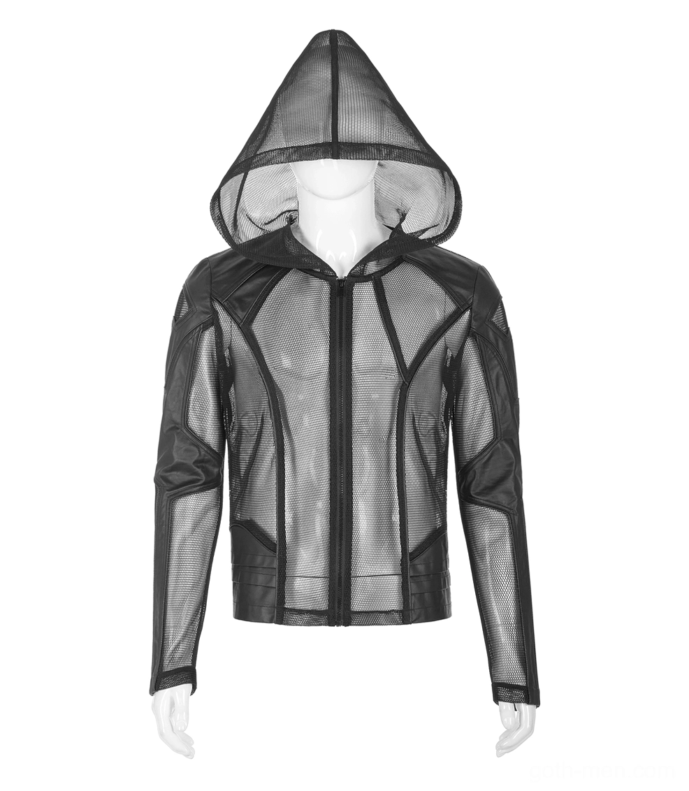 Full front view of black gothic mesh hoodie on display mannequin - full-length front zipper and structured hood detail
