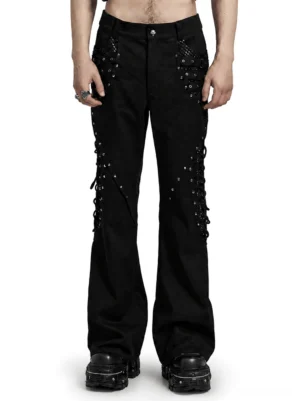 Black gothic mesh rivet lace-up flare pants for men front view on model