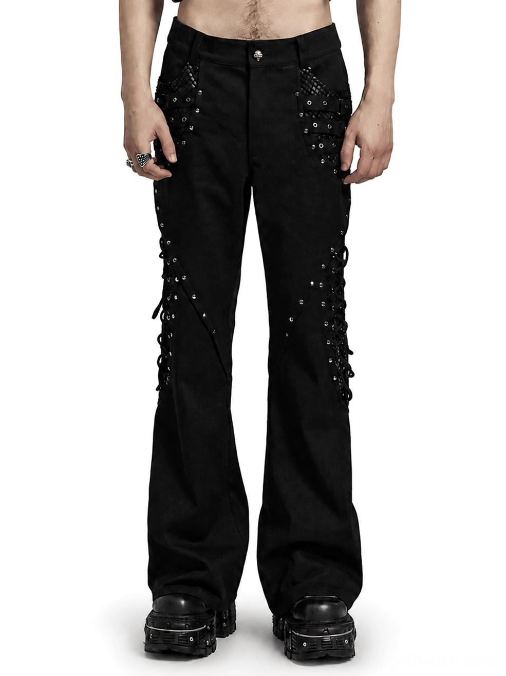 Black gothic mesh rivet lace-up flare pants for men front view on model