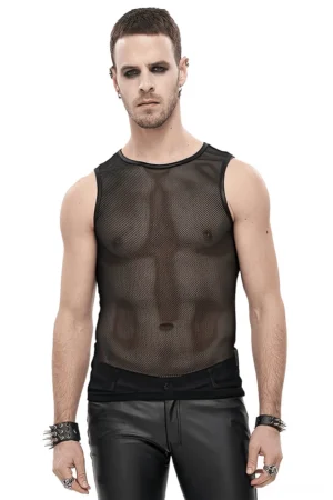 Black mesh sleeveless tank top with round neckline - full front view on male model showing see-through gothic aesthetic