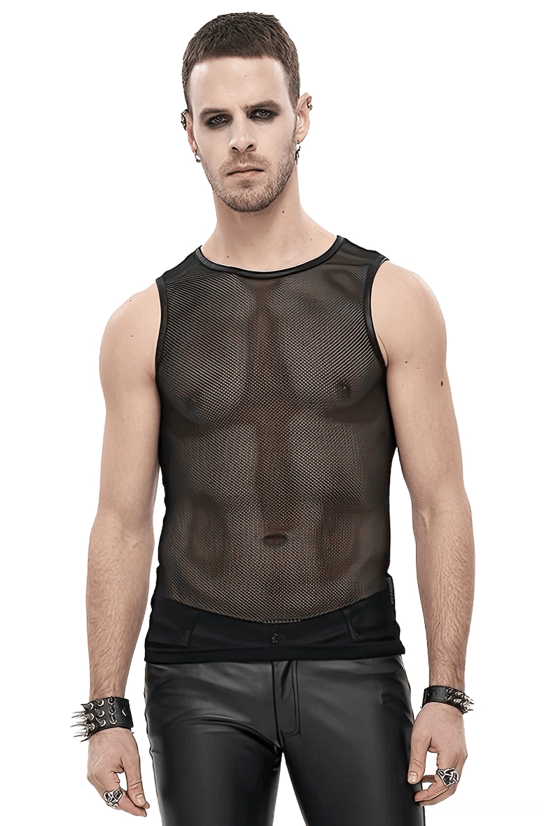 Black mesh sleeveless tank top with round neckline - full front view on male model showing see-through gothic aesthetic