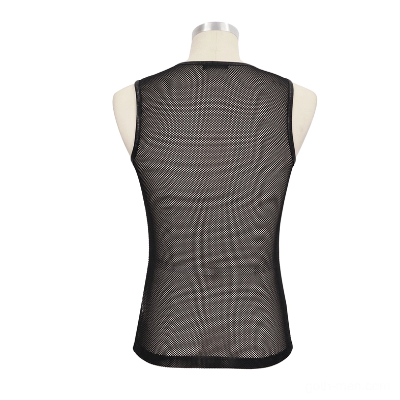 Black mesh sleeveless tank top back view showing full see-through design and neat waist hem on dress form