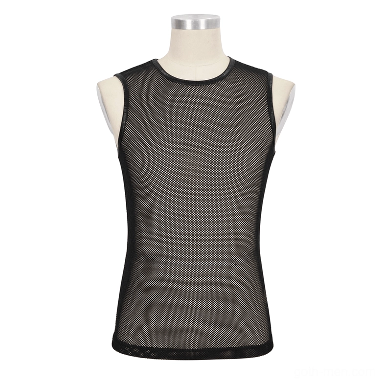 Black polyamide mesh sleeveless tank top on dress form - full front view showcasing fitted round neckline and see-through knit fabric