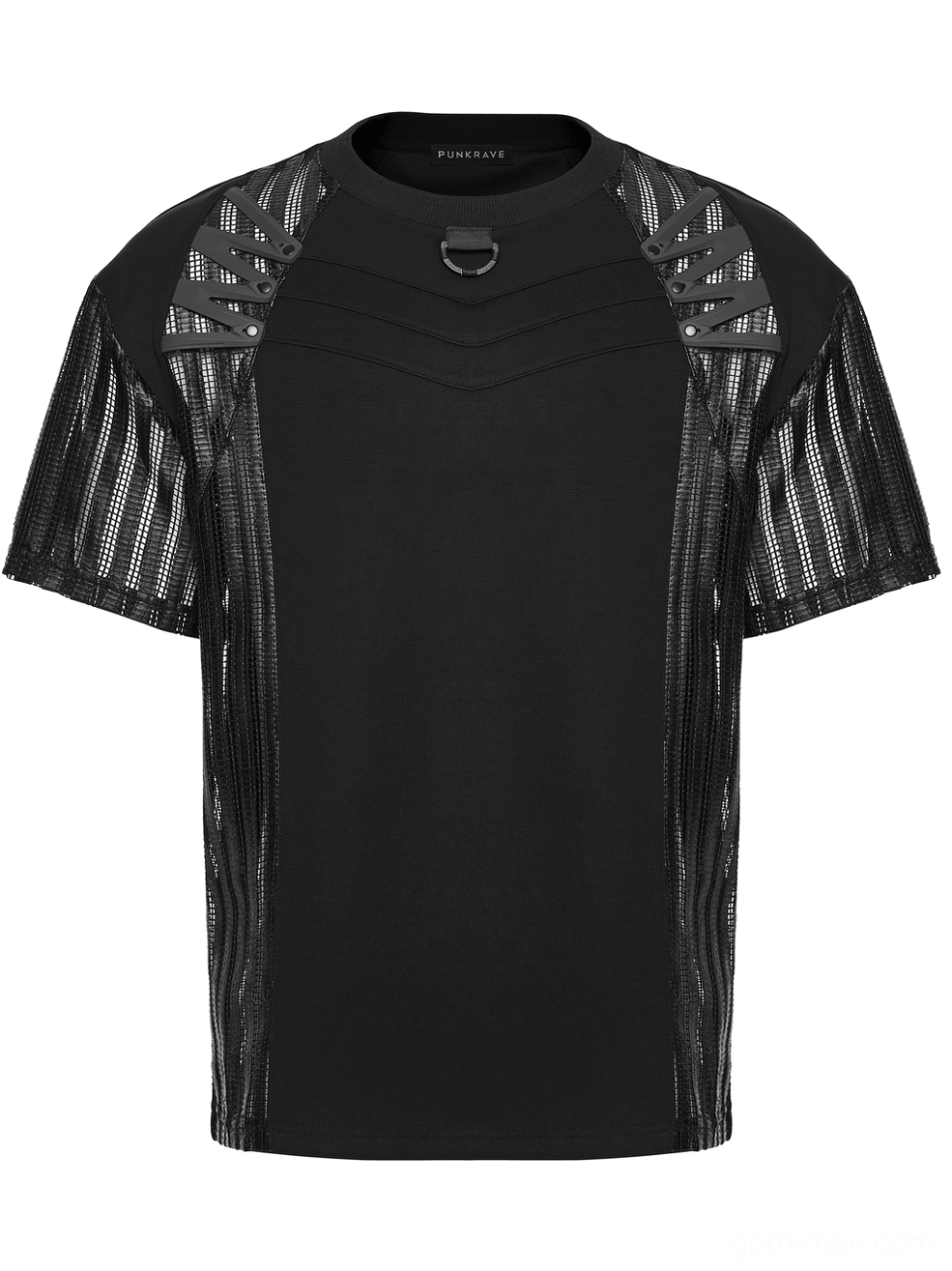 Tactical gothic t-shirt front flat lay featuring raglan sleeves, mesh side inserts, chest D-ring ornament, and relaxed fit design
