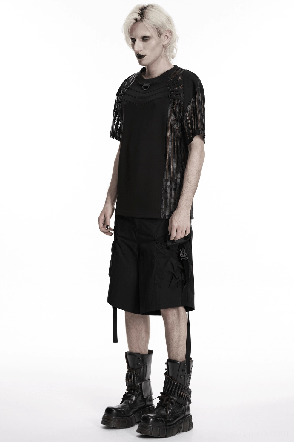 Side angle view of men's black mesh tactical gothic t-shirt on model displaying overall fit and mesh sleeve aesthetic
