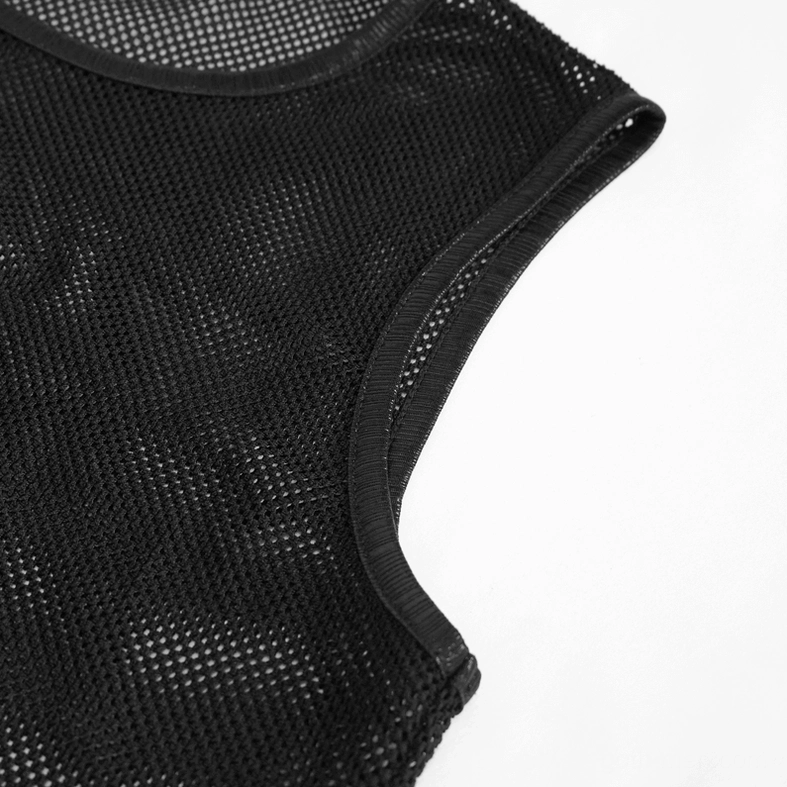 Sleeveless armhole detail of black mesh gothic tank top displaying clean bound edge and fine mesh fabric construction