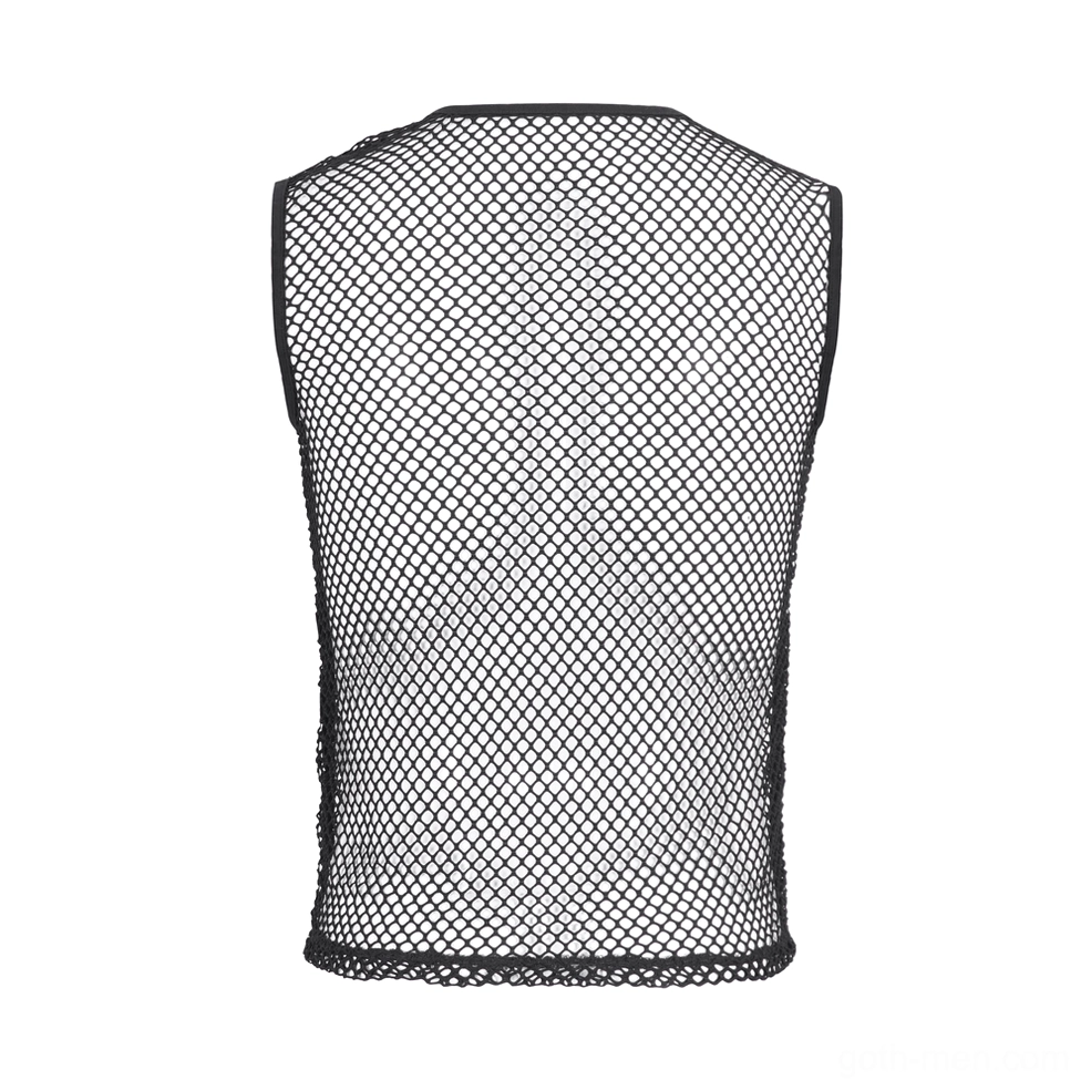 Black mesh tank top back display view with plain mesh back panel and bound fabric hem