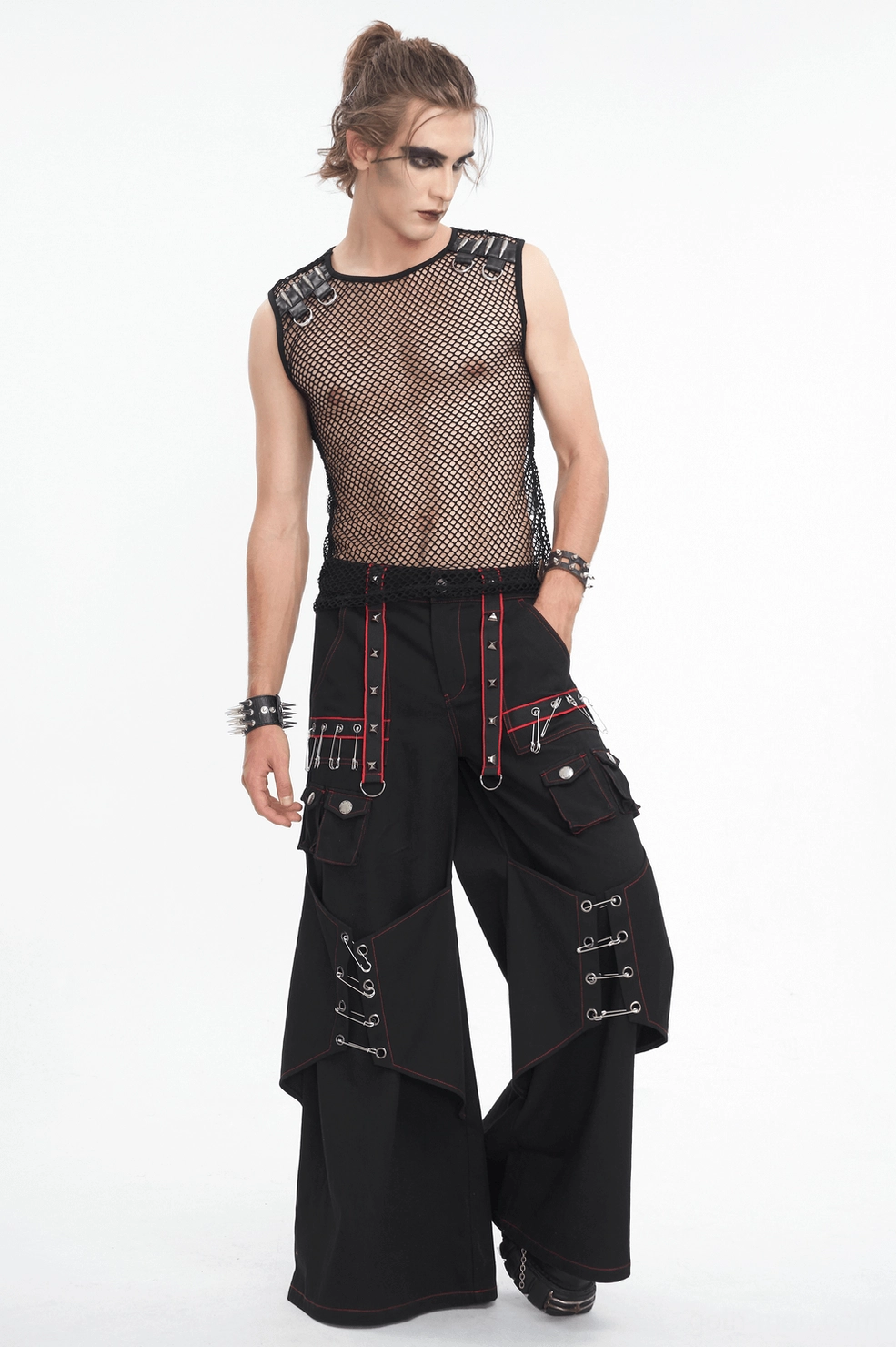 Black mesh tank top with D-ring hardware and bullet studs, comprehensive product angle view