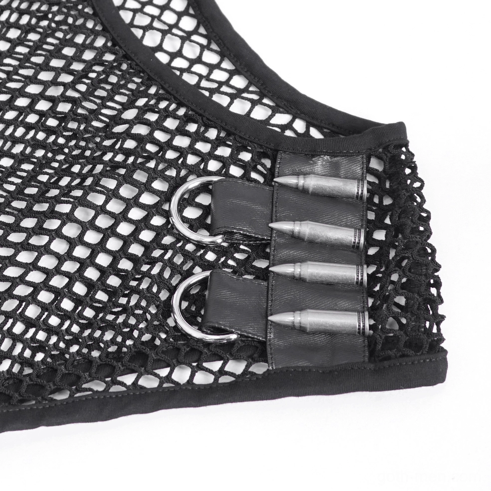 Front close-up view of metal bullet embellishments and D-ring fastener on tank top shoulder strap