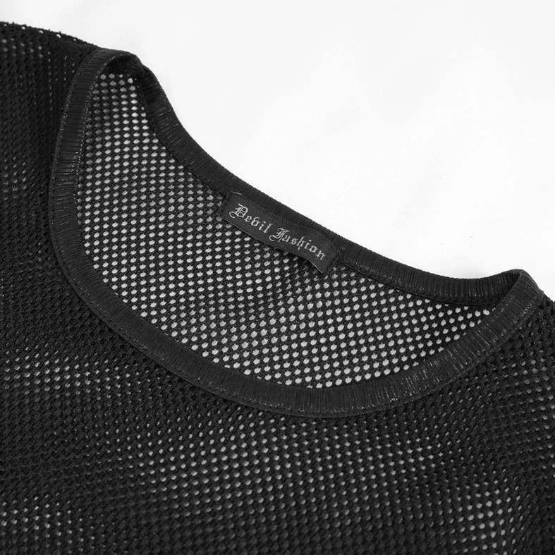 Close-up detail of round neckline with bound edge on black mesh tank top showing quality construction and finish
