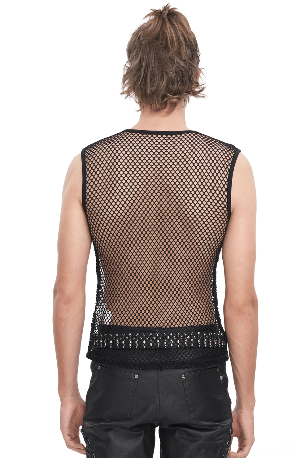 Black mesh tank top back view showcasing sheer mesh panel and elasticated hem detail
