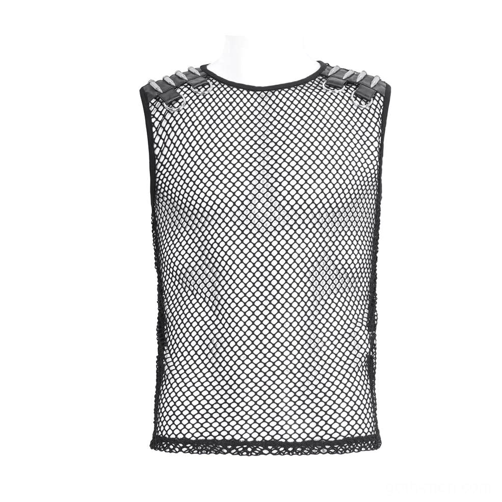 Black fishnet mesh tank top front display view with metal bullet shoulder fasteners and sleeveless design