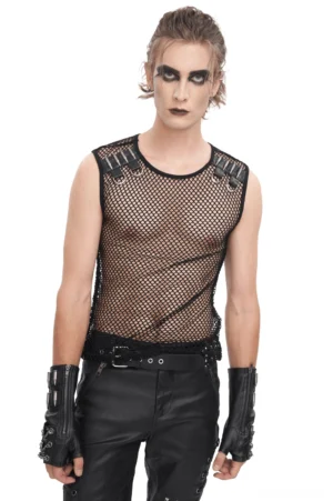 Black sheer mesh tank top with spiked D-ring shoulder straps, front three-quarter view on male goth fashion model
