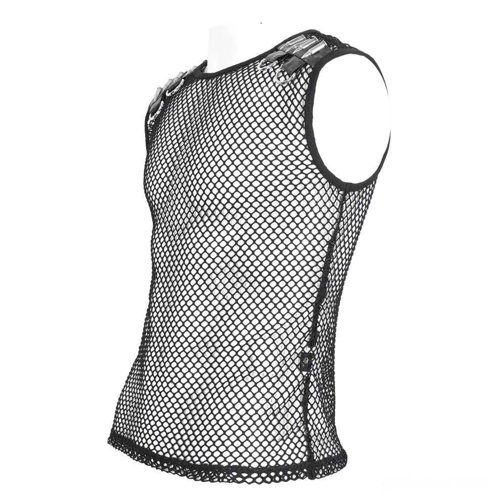 Black fishnet tank top side view on mannequin showing side seam detail and fitted mesh construction