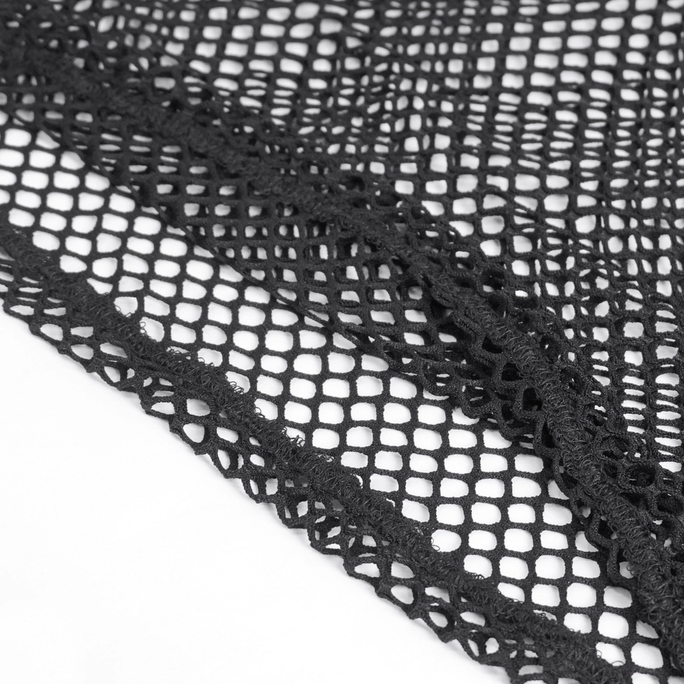 Black mesh tank top with spiked D-ring shoulder straps, additional styling detail view