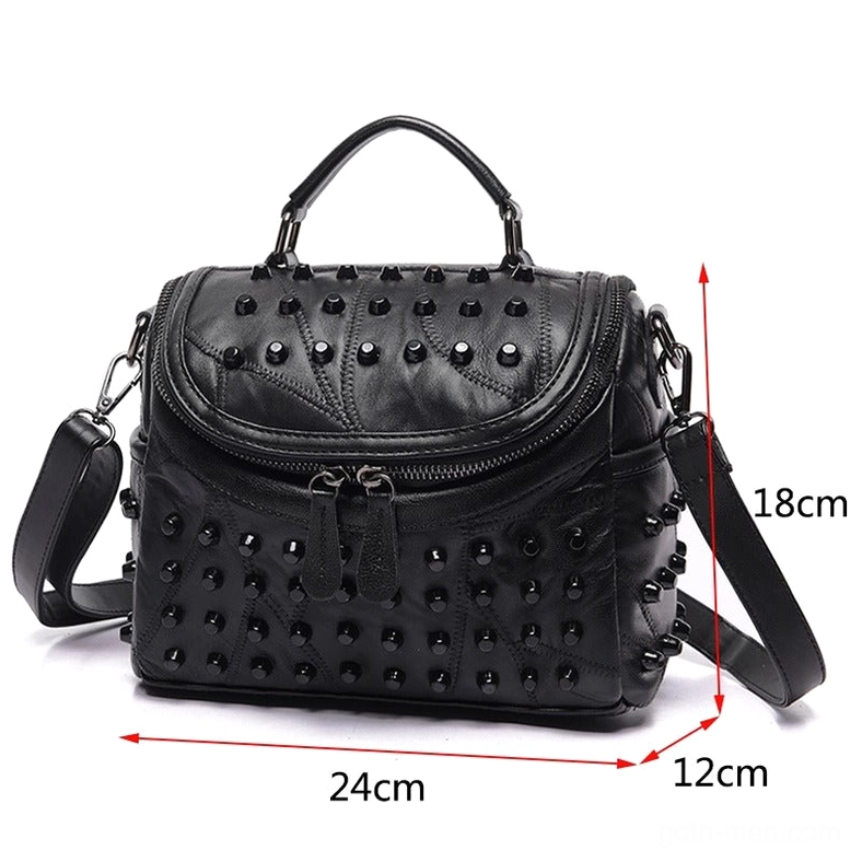 Black studded leather messenger bag front view with size measurement dimensions labeled 24x18x12cm