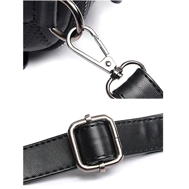 Messenger bag strap hardware macro detail showing metal buckle and swivel hook connector mechanism