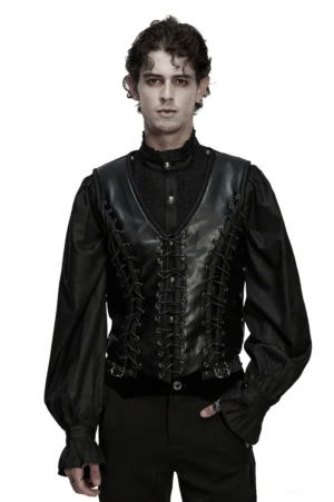 Black metal eyelet laced gothic waistcoat front view on male model with ruffled shirt