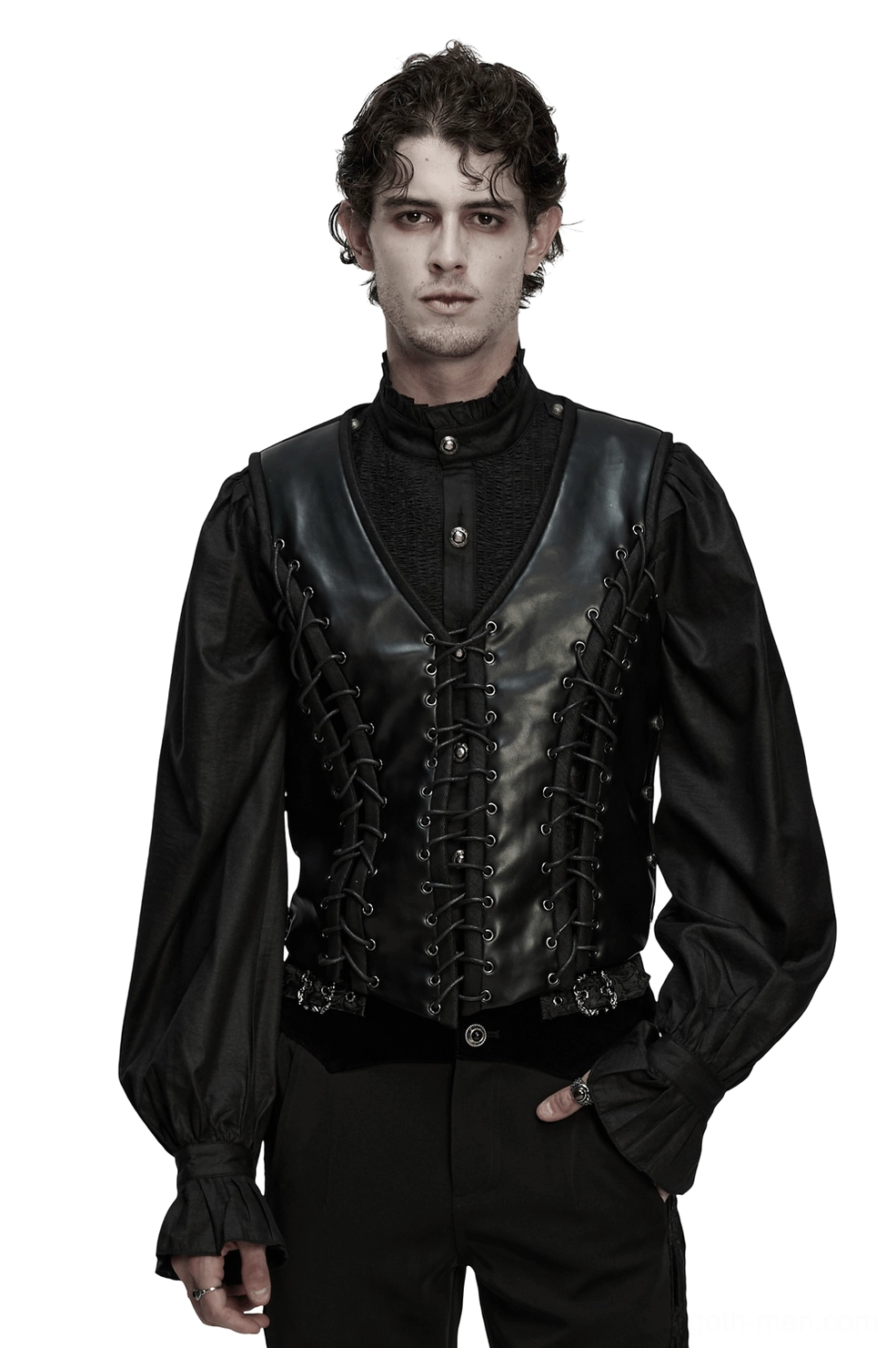 Black metal eyelet laced gothic waistcoat front view on male model with ruffled shirt