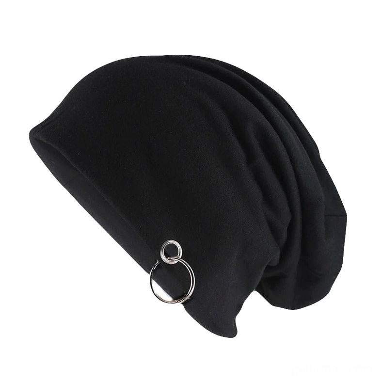 Black metal hoop gothic slouch beanie with dual silver ornaments, front-side oblique view