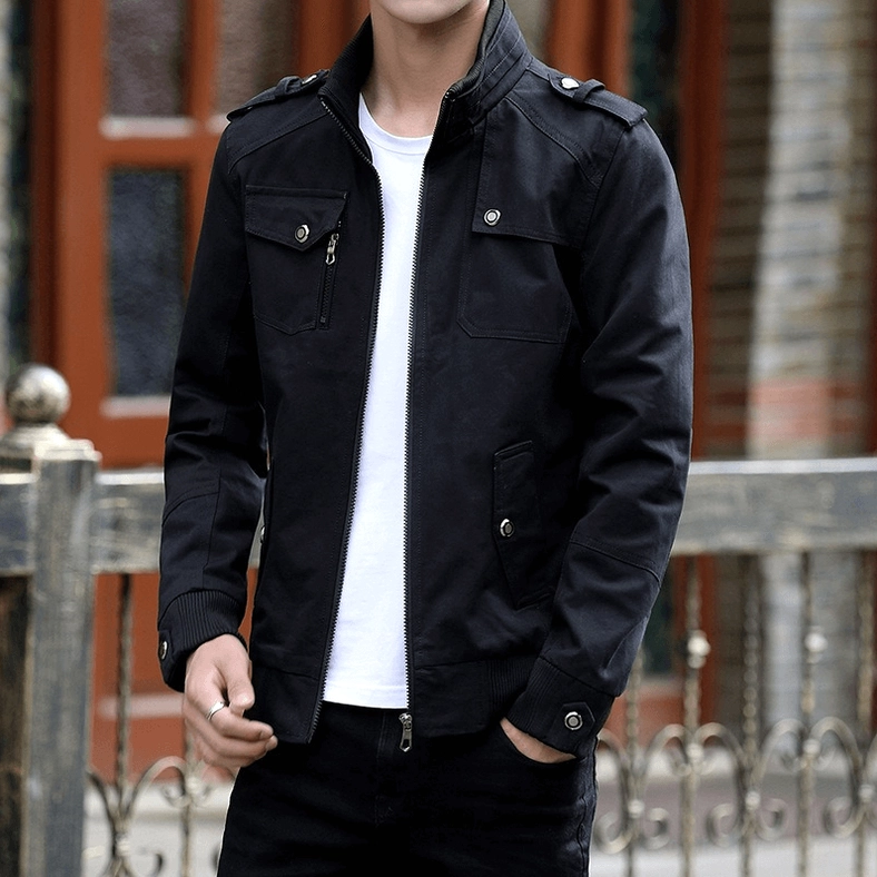 Black Gothic Stand Collar Military Jacket – Men's Casual Street Style Wear