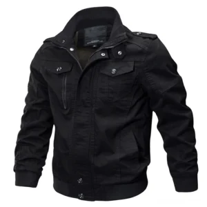 Black military cotton jacket with zipper closure dual chest pockets and shoulder epaulets dark goth style