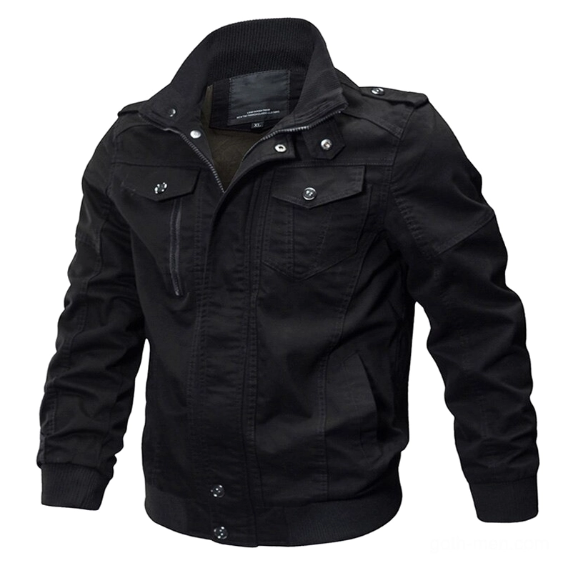 Black military cotton jacket with zipper closure dual chest pockets and shoulder epaulets dark goth style