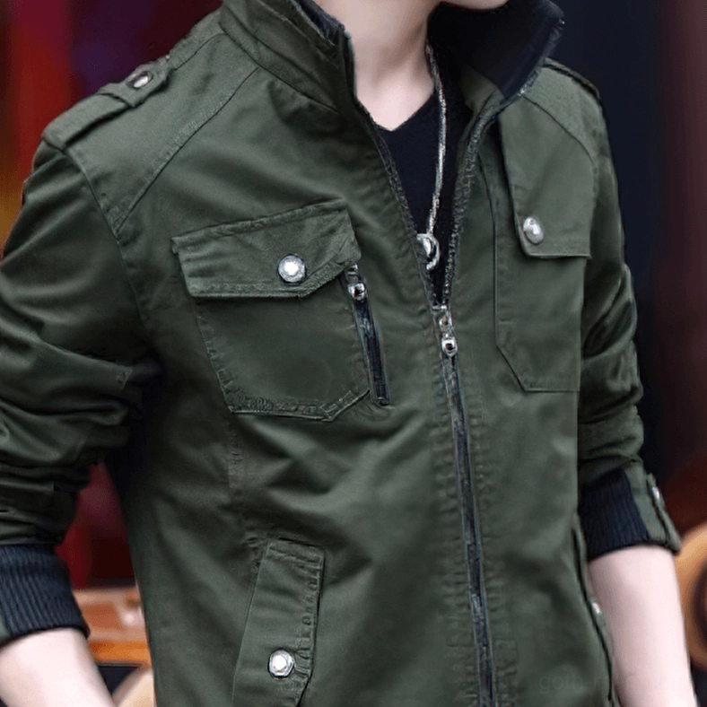 Black Stand Collar Military Jacket – Zipper Detail and Front Closure