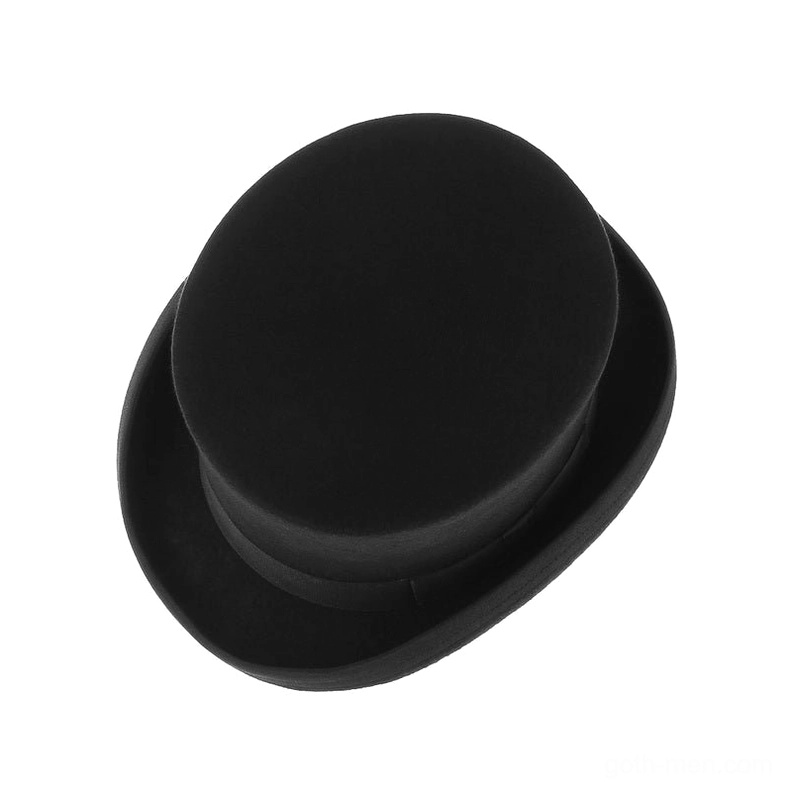 Mini black wool top hat overhead three-quarter view showing tiny crown, curved brim with satin band