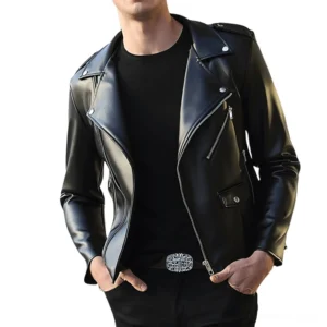 Men's black faux leather moto jacket with polished metal zippers worn by male model front view