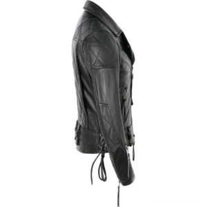 Men's black leather moto jacket side profile showing quilted shoulder panels and side lace-up fasteners