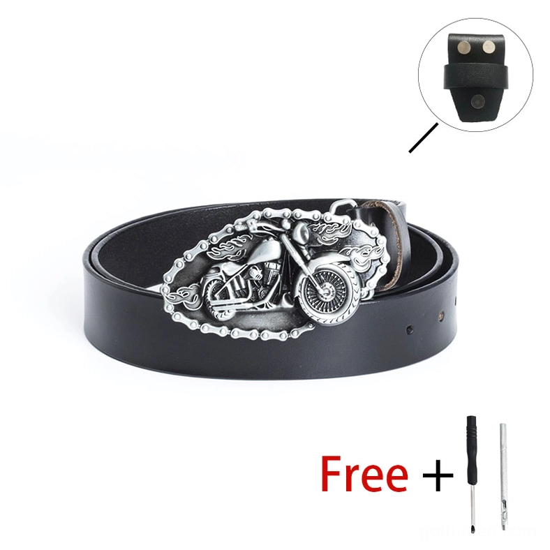 Black plain motorcycle biker belt with silver buckle without flame design, top view with free tool kit provided