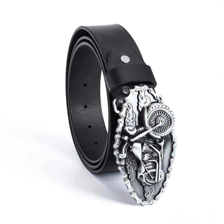 Single black leather biker belt with silver motorcycle wheel themed buckle, angled front view on white background