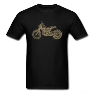 Black crew neck gothic motorcycle t-shirt with gold line art print, flat lay front view