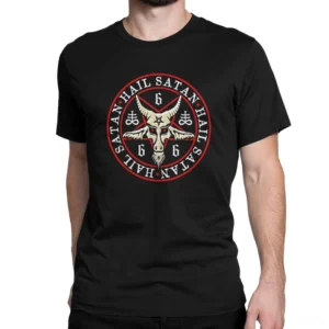 Black occult pentagram graphic t-shirt front view on model - inverted pentagram with goat head and hail satan symbolism