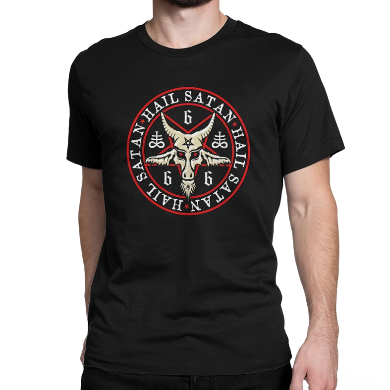 Black occult pentagram graphic t-shirt front view on model - inverted pentagram with goat head and hail satan symbolism