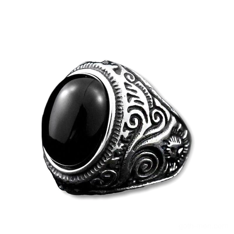 Black onyx gothic ring with stainless steel bezel setting, polished gemstone, flat product photography