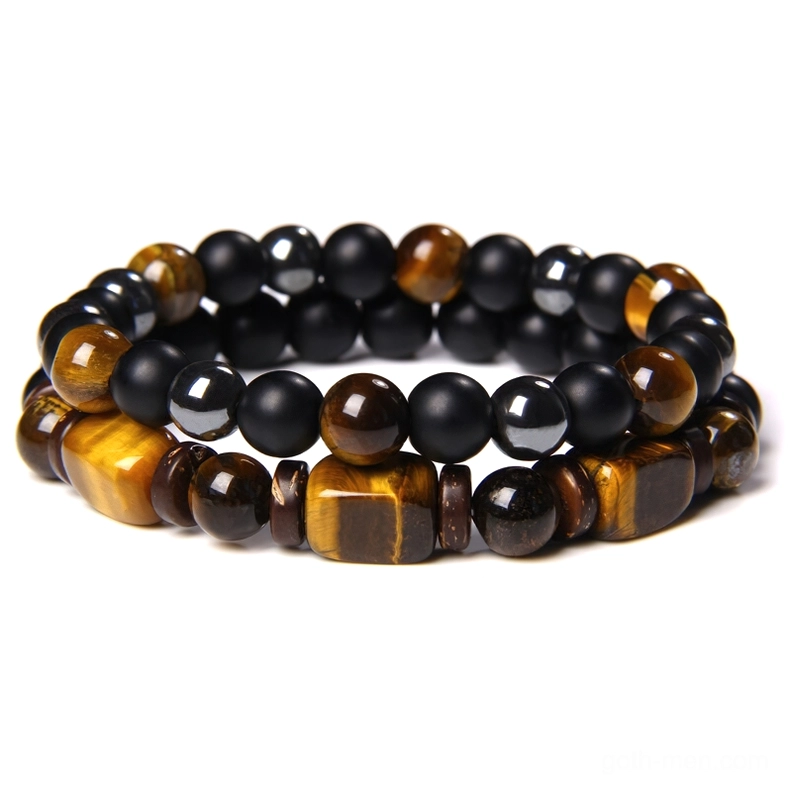 Black onyx with tiger stone rectangular beads gothic bracelet, mixed bead size design, studio product shot